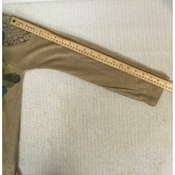 French Bazaar Top Women Size L Tan Blue Sequins Crochet Shoulders Long Sleeves - Picture 10 of 13